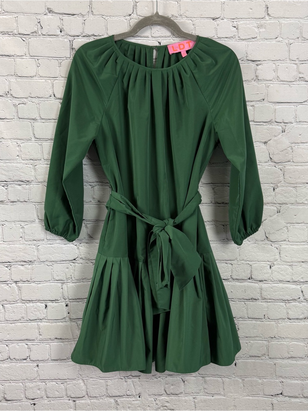 LDT Hunter Tie-Waist Mini Belted Dress Pleated Hem Womens 4 Forest Green